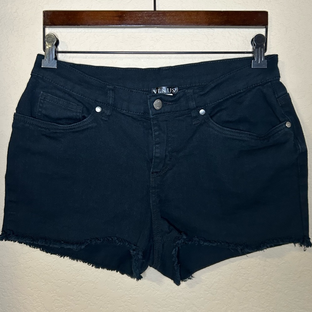 Black Denim Shorts with Frayed Hemline and Stretch– Size 10